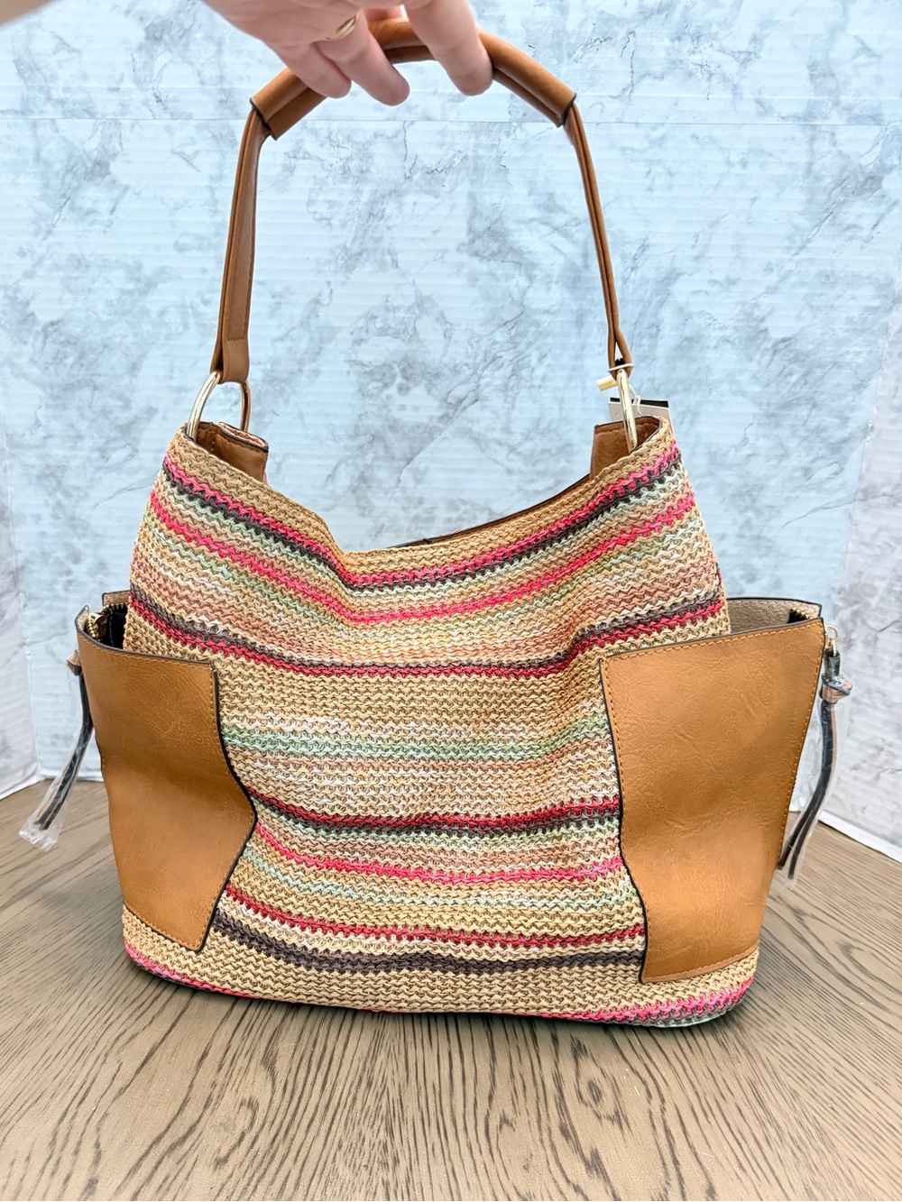 Le Miel Multicolor Woven Shoulder Bag with Tan Trim